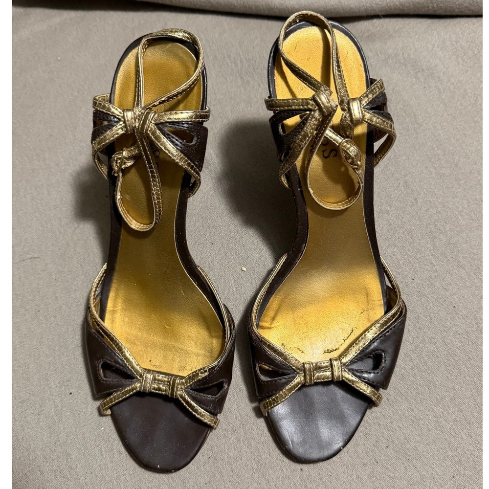 Guess Womens Brown Leather Gold Trim Wood Wedge Sandals Ankle Strap Size 7M